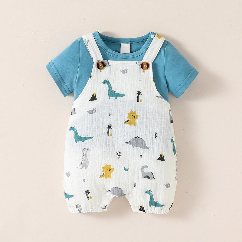 2pc Baby Boys Summer Short Sleeve T-Shirt And Suspenders Animal Suit For Daily Fashion