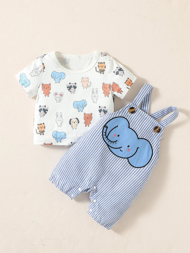 2PCS Baby Boys Summer Short Sleeve Cartoon Animal Suspenders Suit For Newborn-6M Casual Daily Wear