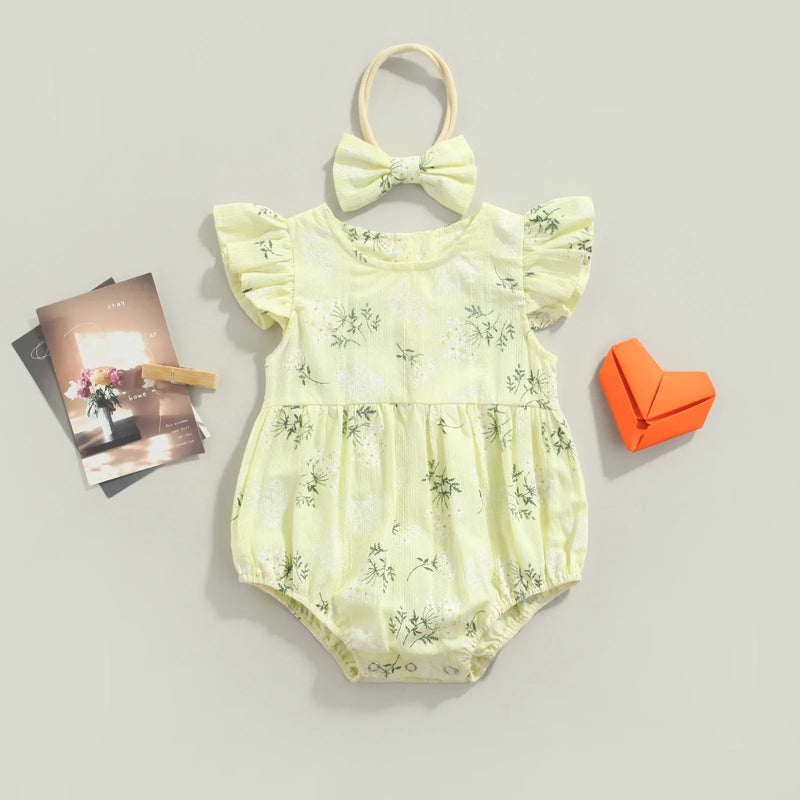 Baby Romper with Hairband Kids Floral Print Round Neck Fly Sleeve Bodysuit+ Headband for Summer Blue/Yellow 0-24 Months