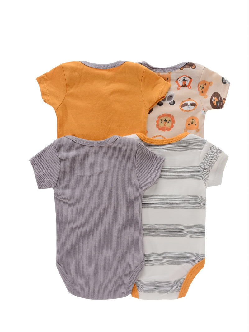 4PCS Newborn Infant Romper Short Sleeve Round Neck Cartoon Animal Flowers Print Bodysuit Onesies For Baby Boys And Girls Clothes