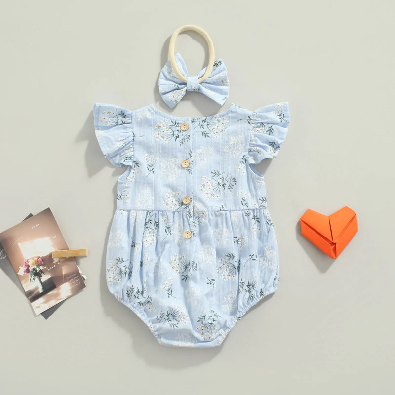 Baby Romper with Hairband Kids Floral Print Round Neck Fly Sleeve Bodysuit+ Headband for Summer Blue/Yellow 0-24 Months