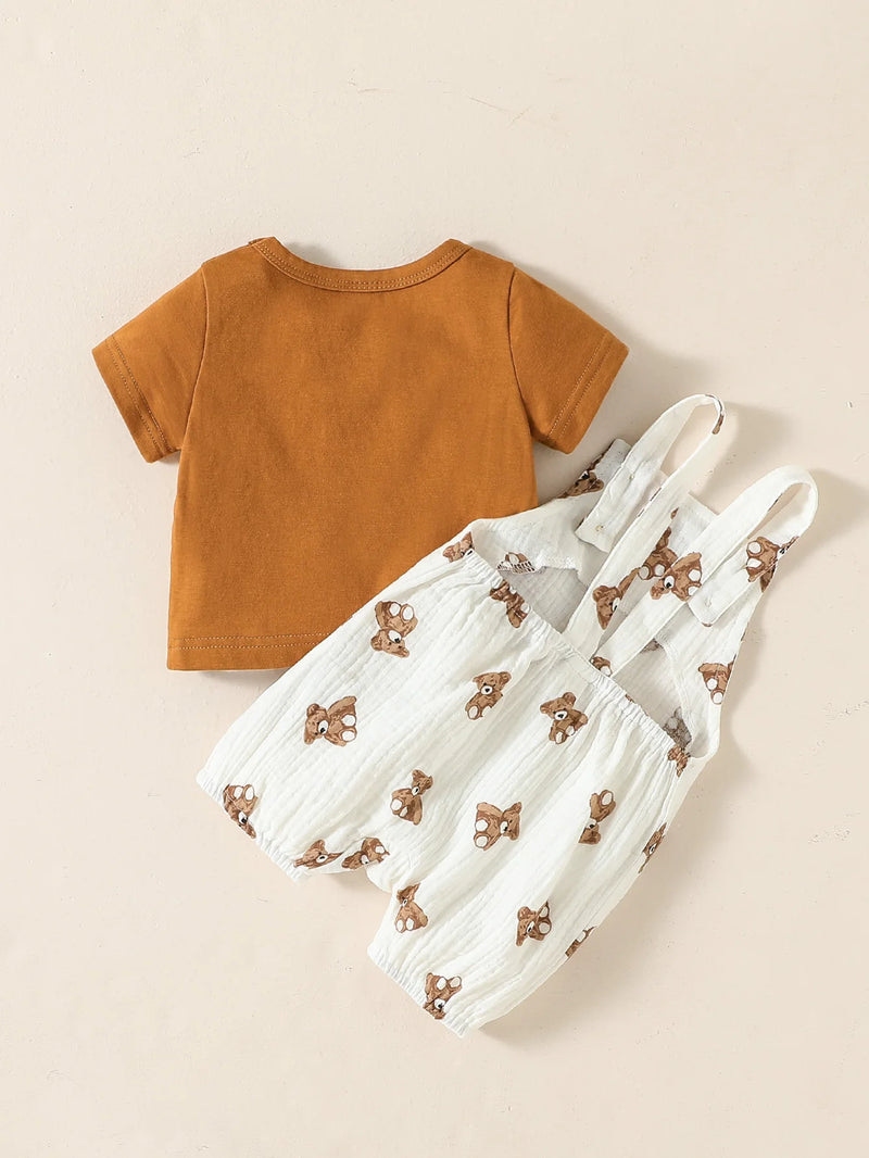 2pc Baby Boys Summer Short Sleeve T-Shirt And Suspenders Animal Suit For Daily Fashion