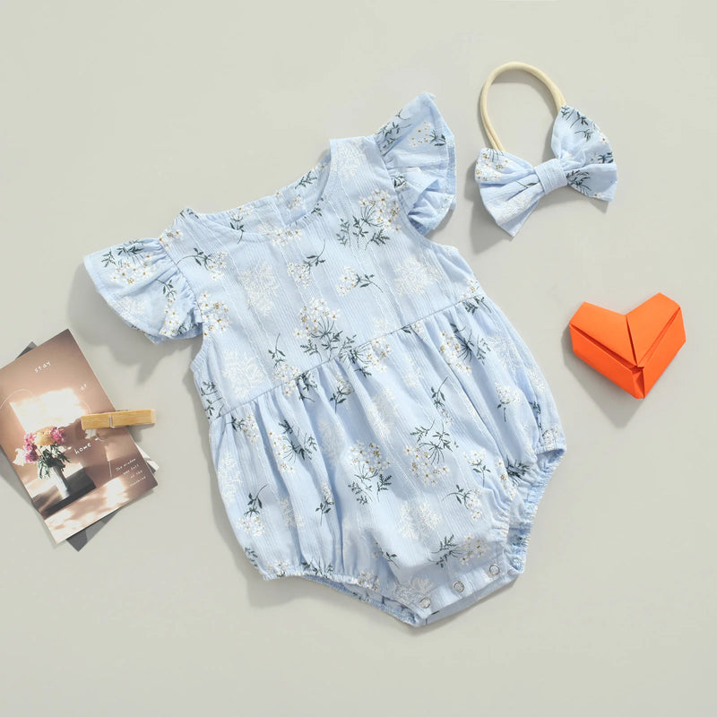 Baby Romper with Hairband Kids Floral Print Round Neck Fly Sleeve Bodysuit+ Headband for Summer Blue/Yellow 0-24 Months