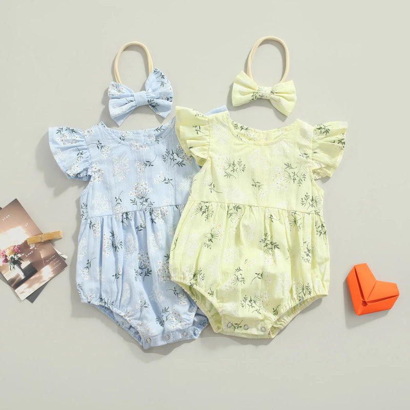 Baby Romper with Hairband Kids Floral Print Round Neck Fly Sleeve Bodysuit+ Headband for Summer Blue/Yellow 0-24 Months