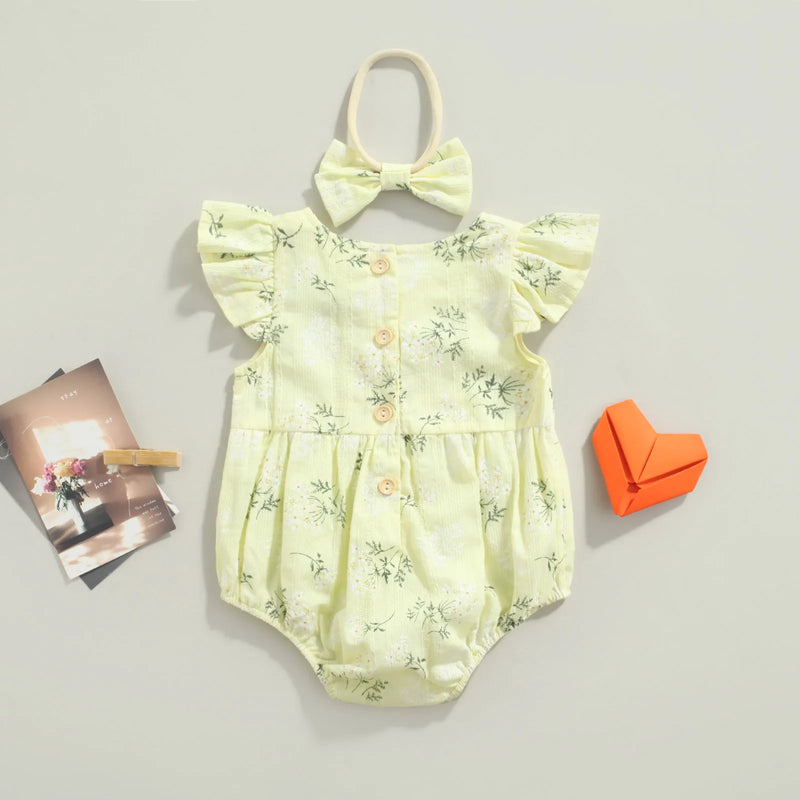 Baby Romper with Hairband Kids Floral Print Round Neck Fly Sleeve Bodysuit+ Headband for Summer Blue/Yellow 0-24 Months