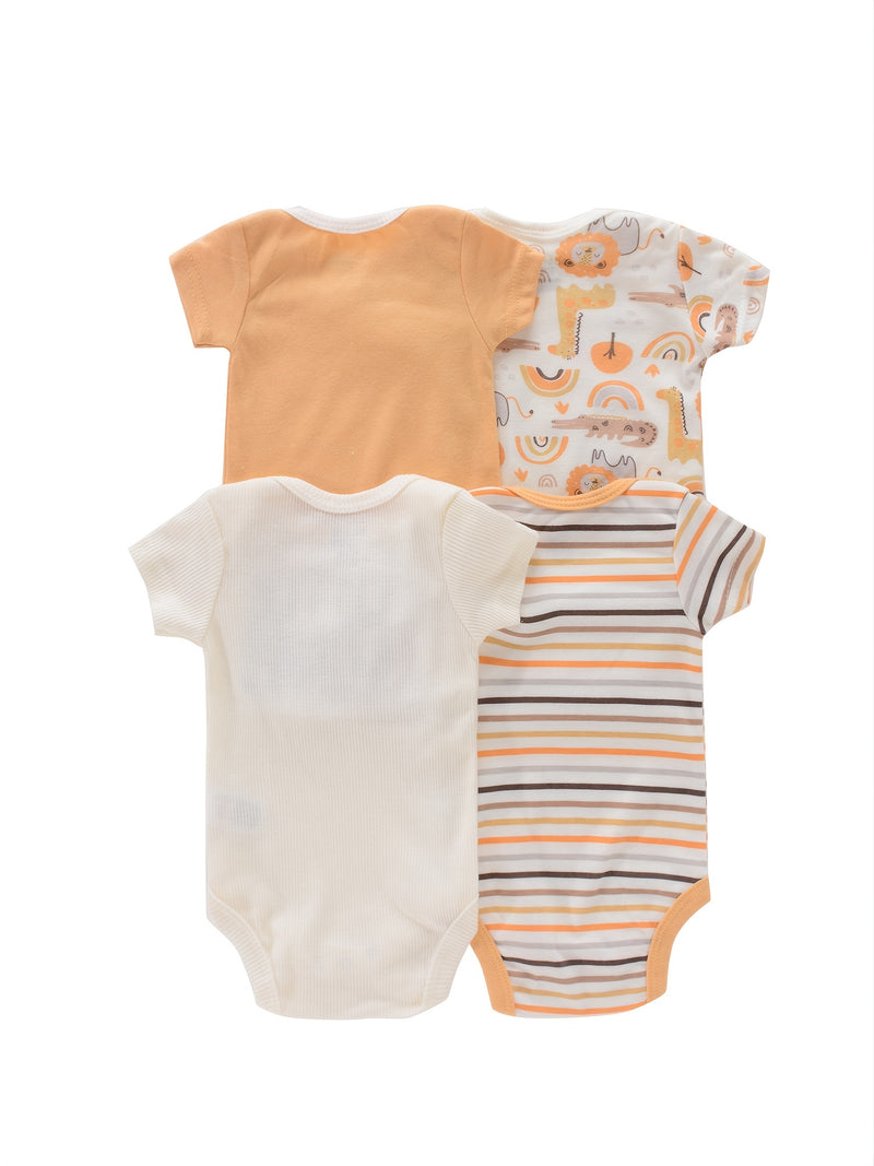 4PCS Newborn Infant Romper Short Sleeve Round Neck Cartoon Animal Flowers Print Bodysuit Onesies For Baby Boys And Girls Clothes