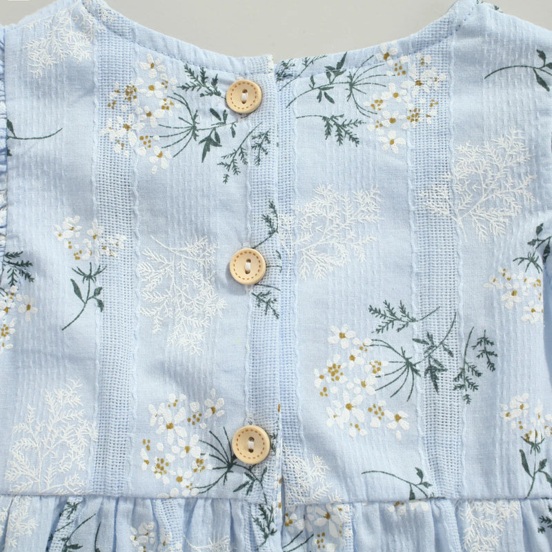 Baby Romper with Hairband Kids Floral Print Round Neck Fly Sleeve Bodysuit+ Headband for Summer Blue/Yellow 0-24 Months