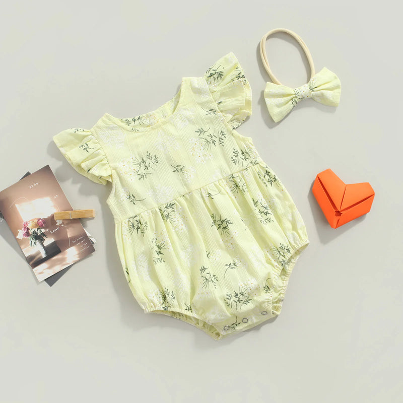 Baby Romper with Hairband Kids Floral Print Round Neck Fly Sleeve Bodysuit+ Headband for Summer Blue/Yellow 0-24 Months